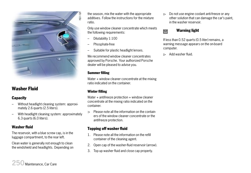 Washer fluid | Porsche 911 Carrera User Manual | Page 252 / 355