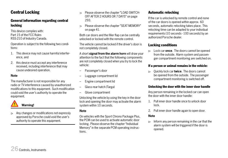 Central locking, Please observe the chapter ”central | Porsche 911 Carrera User Manual | Page 28 / 355
