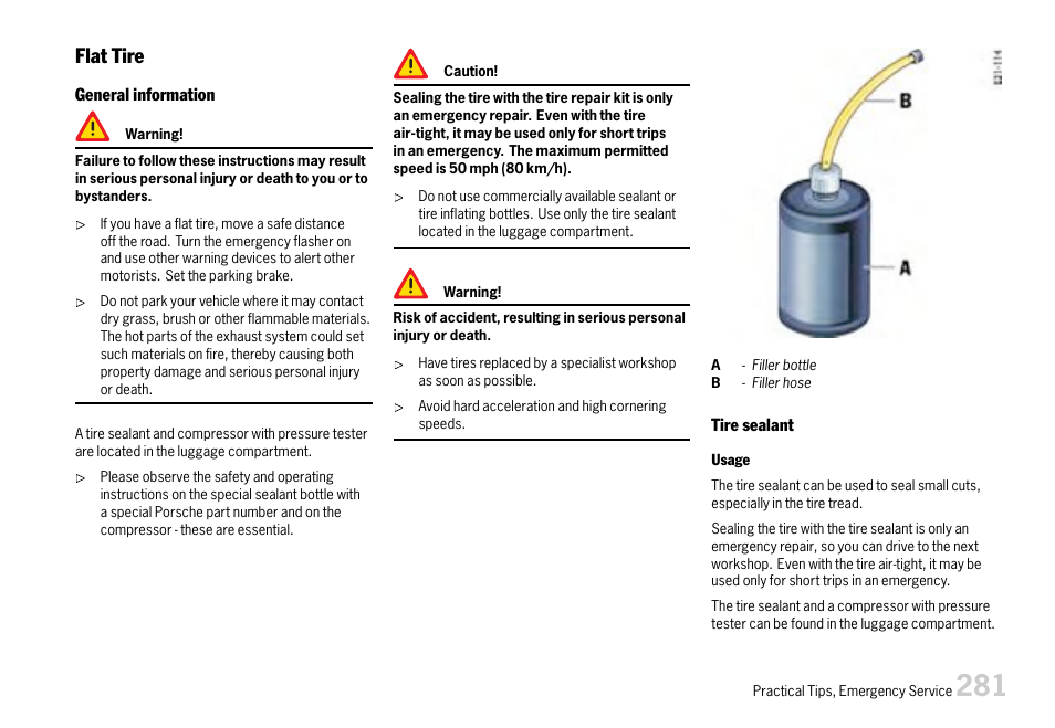 Flat tire | Porsche 911 Carrera User Manual | Page 283 / 355