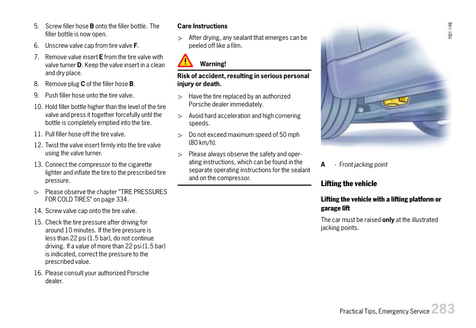 Lifting the vehicle | Porsche 911 Carrera User Manual | Page 285 / 355