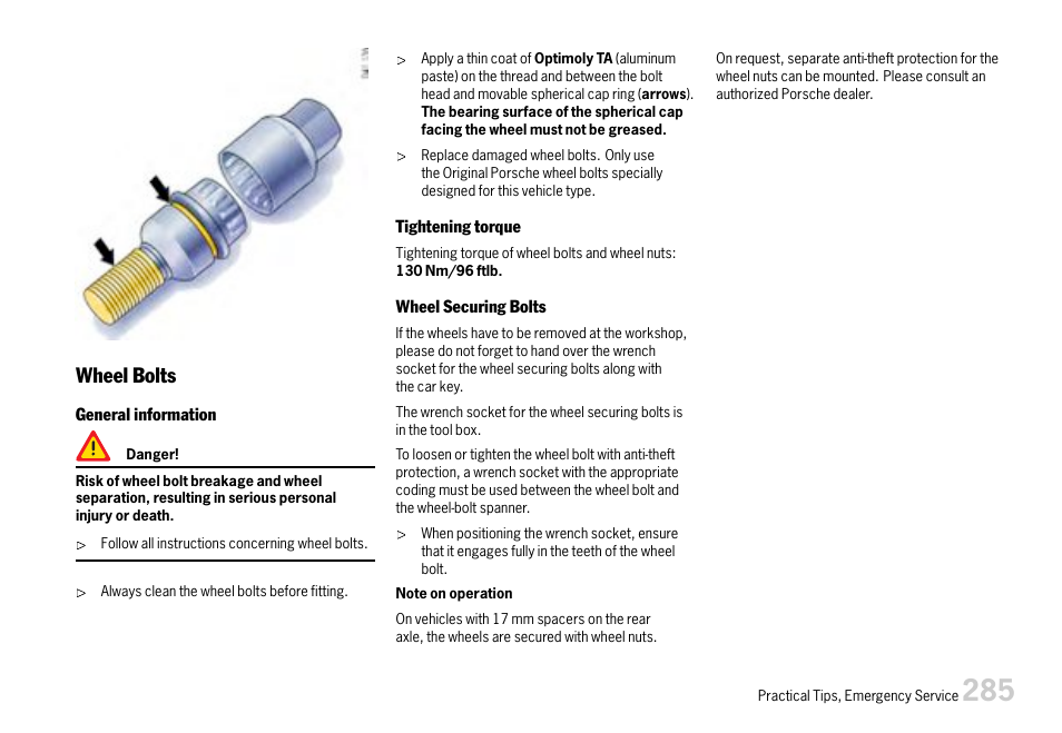 Wheel bolts | Porsche 911 Carrera User Manual | Page 287 / 355