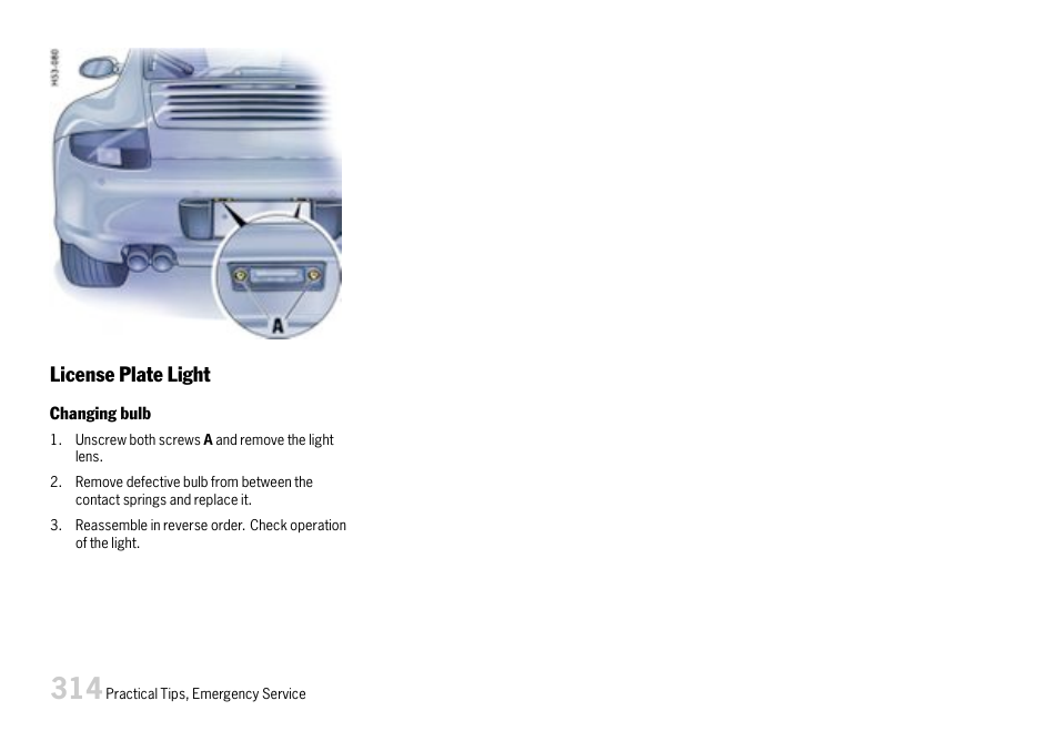 License plate light | Porsche 911 Carrera User Manual | Page 316 / 355