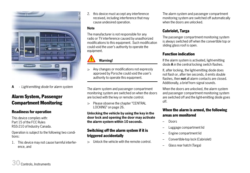 Alarm system, passen, Please observe the chapter ”alarm system, Your authorized | Alarm system, passenger compartment monitoring | Porsche 911 Carrera User Manual | Page 32 / 355