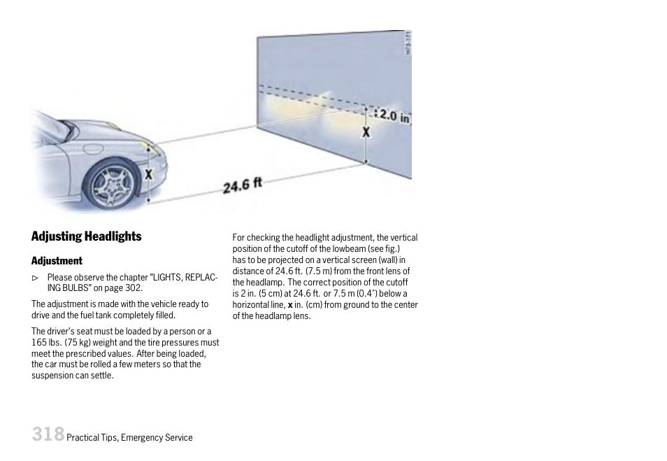 Adjusting headlights | Porsche 911 Carrera User Manual | Page 320 / 355