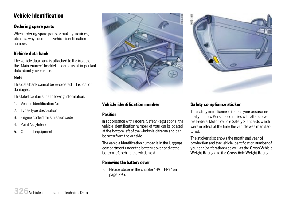 Vehicle identification, Vehicle identication | Porsche 911 Carrera User Manual | Page 328 / 355
