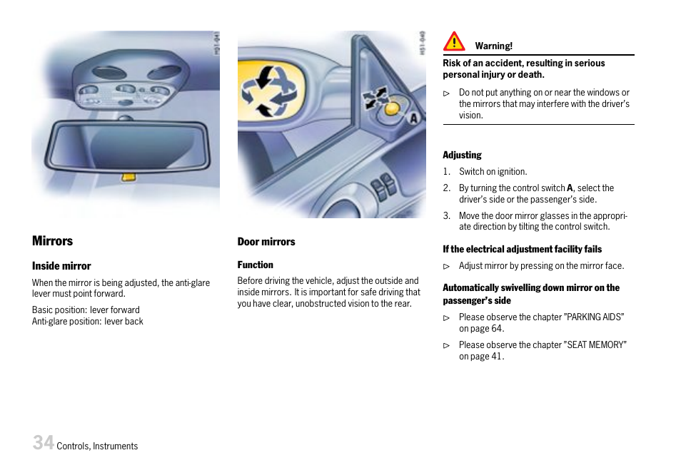 Mirrors | Porsche 911 Carrera User Manual | Page 36 / 355