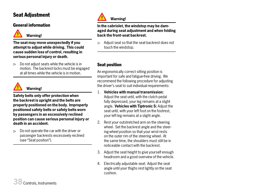 Seat adjustment | Porsche 911 Carrera User Manual | Page 40 / 355