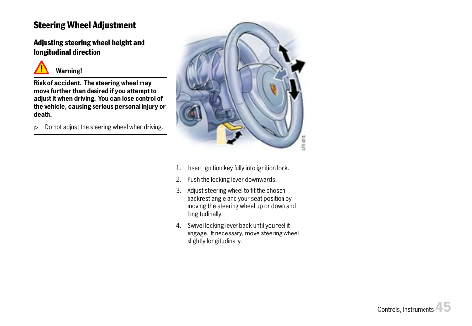 Steering wheel adjustment | Porsche 911 Carrera User Manual | Page 47 / 355