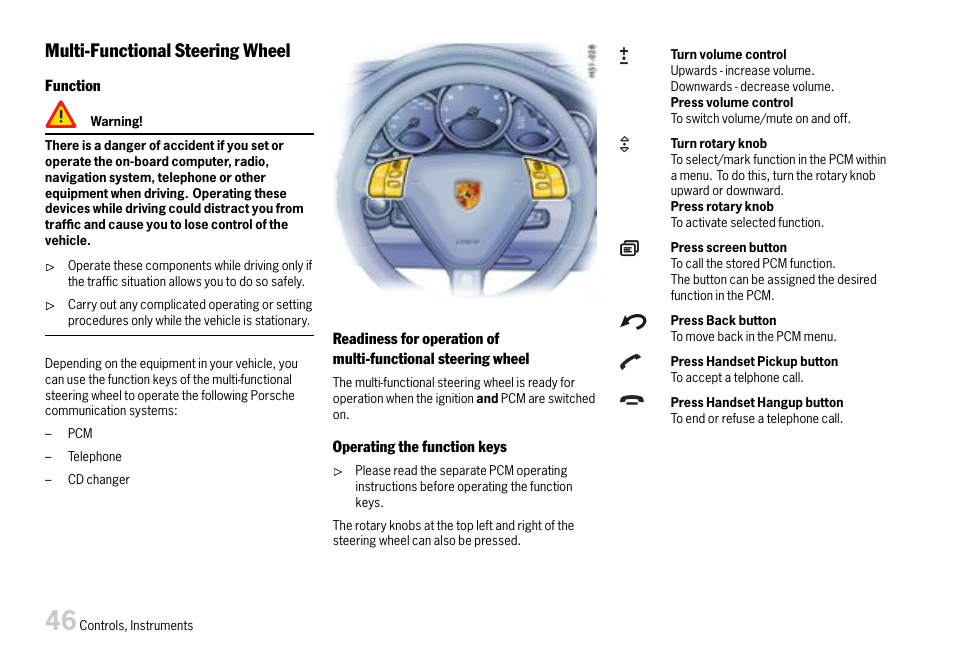 Multi-functional steering wheel | Porsche 911 Carrera User Manual | Page 48 / 355