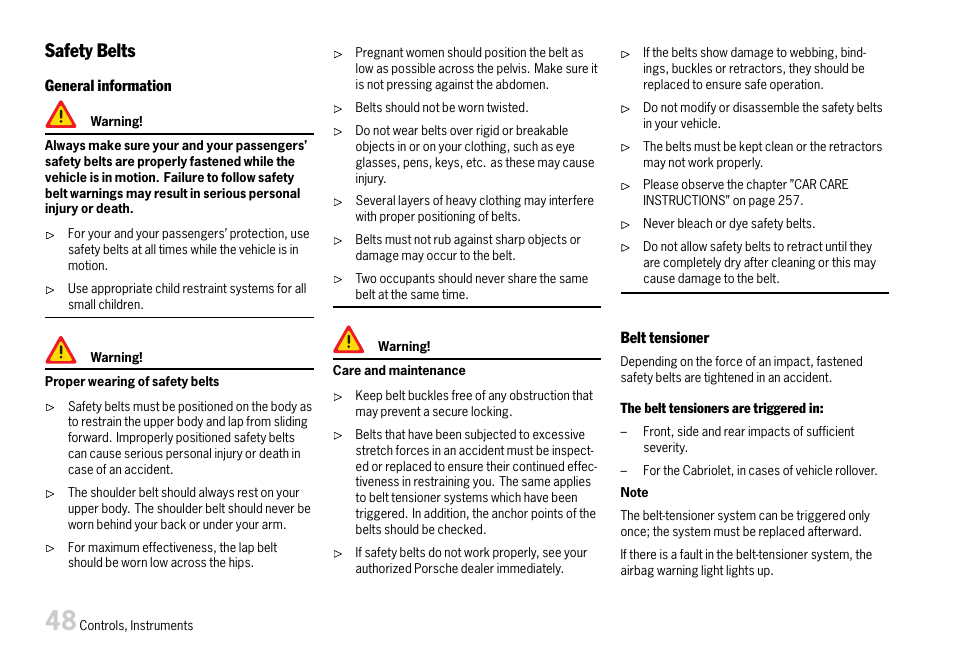 Safety belts | Porsche 911 Carrera User Manual | Page 50 / 355