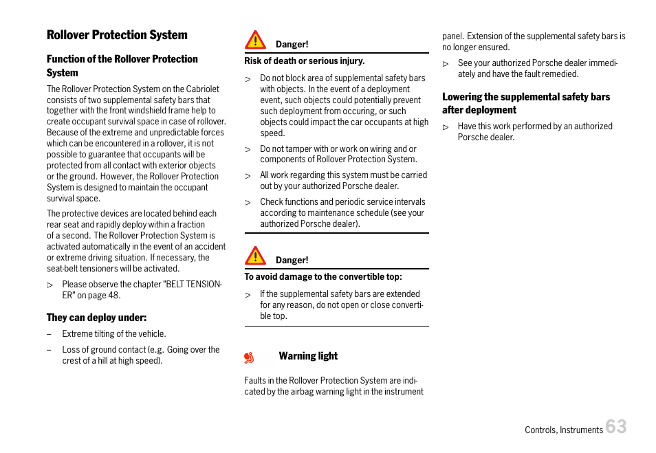 Rollover protection system | Porsche 911 Carrera User Manual | Page 65 / 355