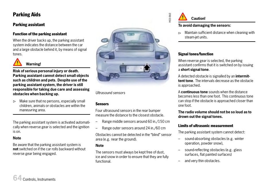Parking aids, Please observe the chapter ”parking aids | Porsche 911 Carrera User Manual | Page 66 / 355
