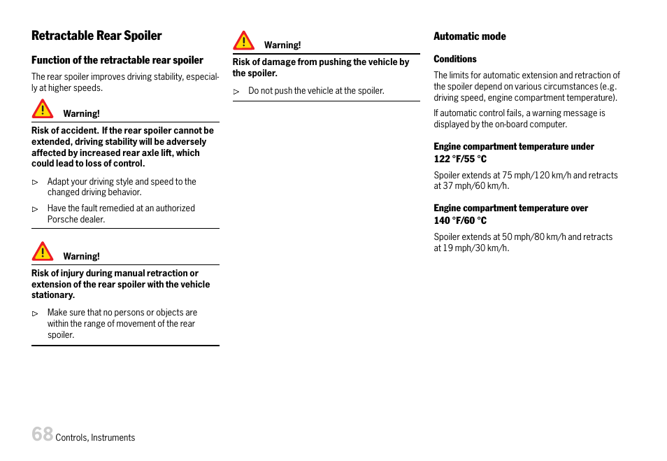 Retractable rear spoiler | Porsche 911 Carrera User Manual | Page 70 / 355