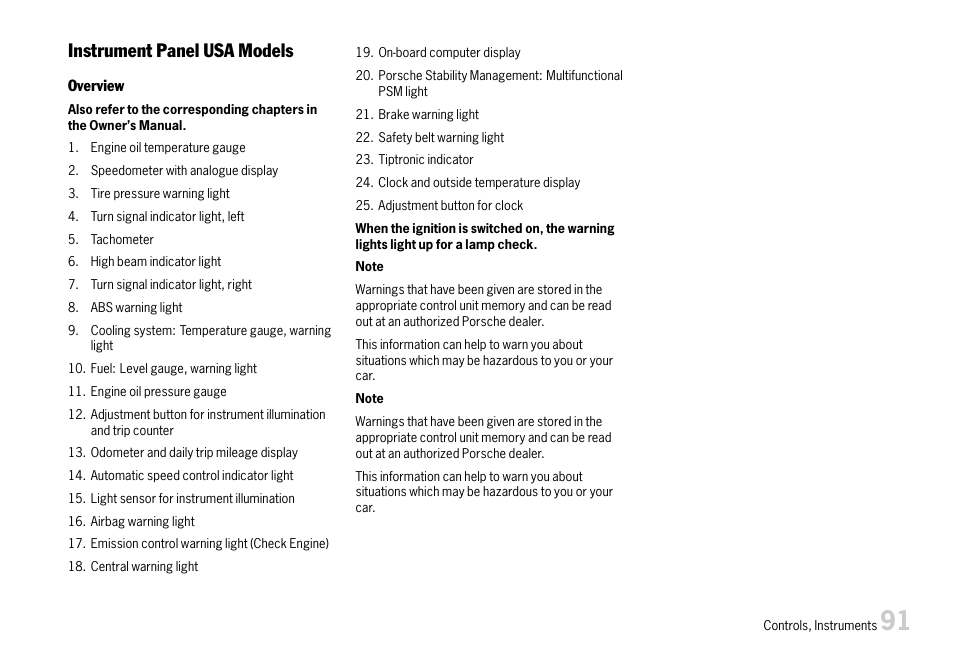 Instrument panel usa models | Porsche 911 Carrera User Manual | Page 93 / 355