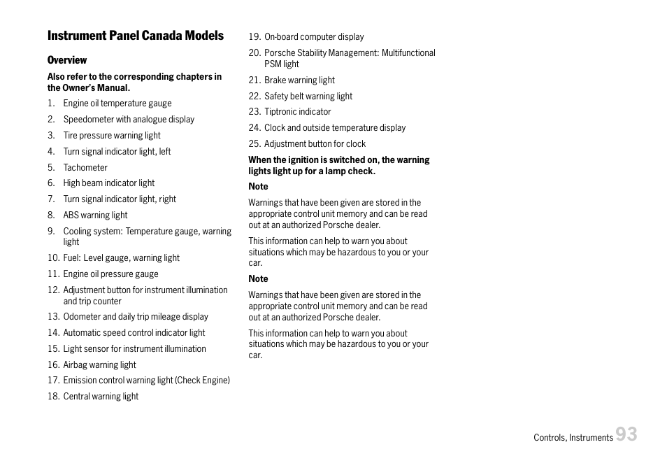 Instrument panel canada models | Porsche 911 Carrera User Manual | Page 95 / 355