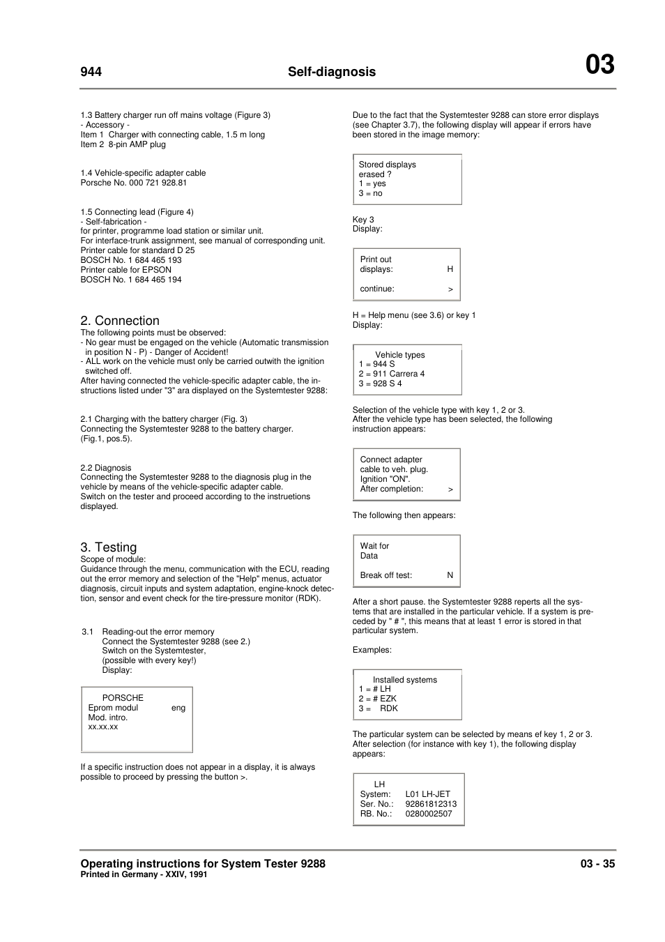 944 self-diagnosis, Connection, Testing | Porsche 944 User Manual | Page 47 / 167