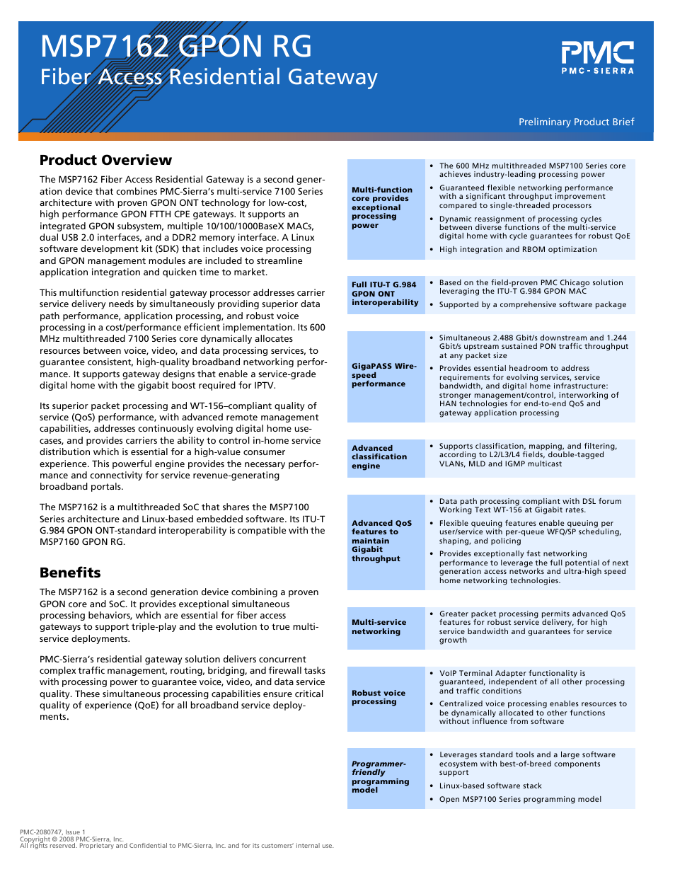 PMC-Sierra MSP7162 GPON RG User Manual | 2 pages