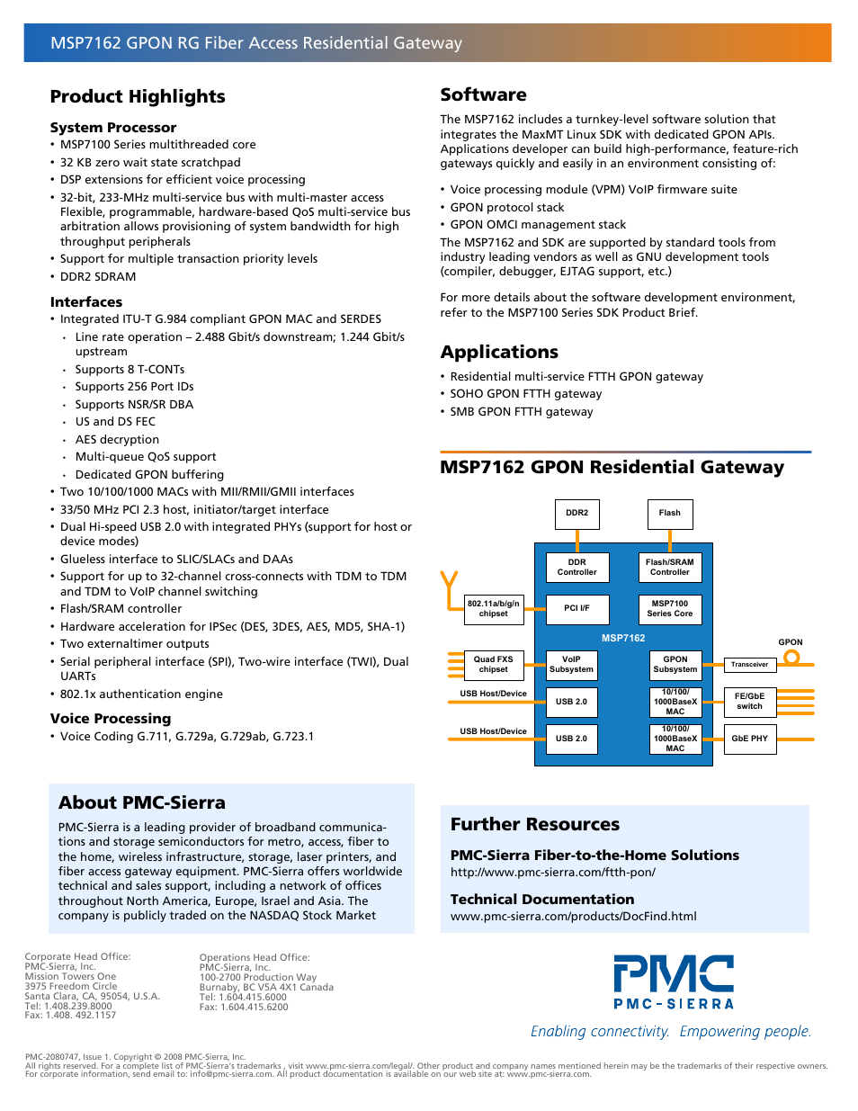 Product highlights, System processor, Interfaces | Voice processing, Software, Applications, Msp7162 gpon residential gateway, About pmc-sierra, Further resources, Pmc-sierra fiber-to-the-home solutions | PMC-Sierra MSP7162 GPON RG User Manual | Page 2 / 2