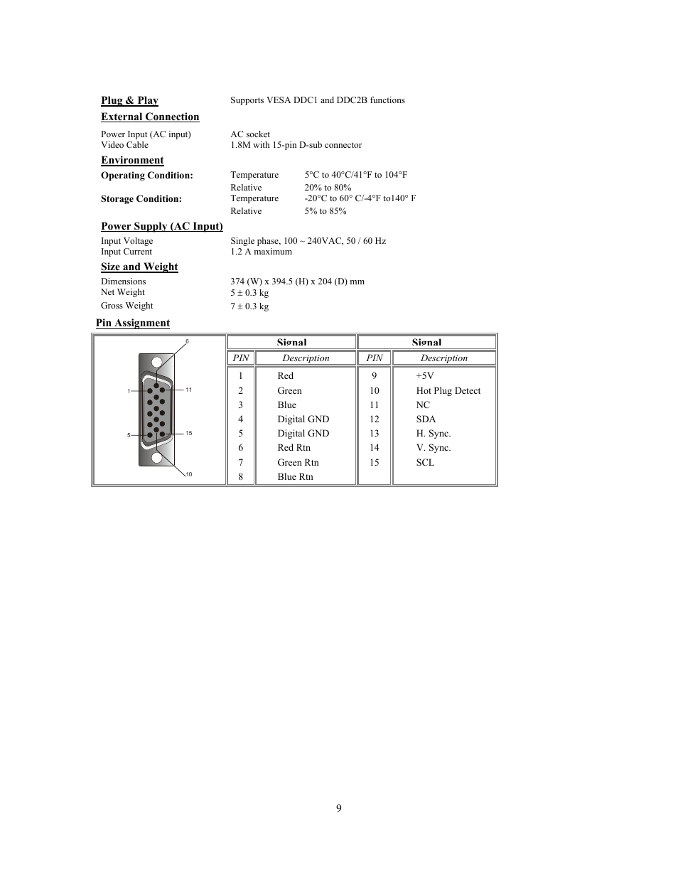 Plug & play, External connection, Environment | Power supply (ac input), Size and weight, Pin assignment | Planar PE170 User Manual | Page 10 / 12