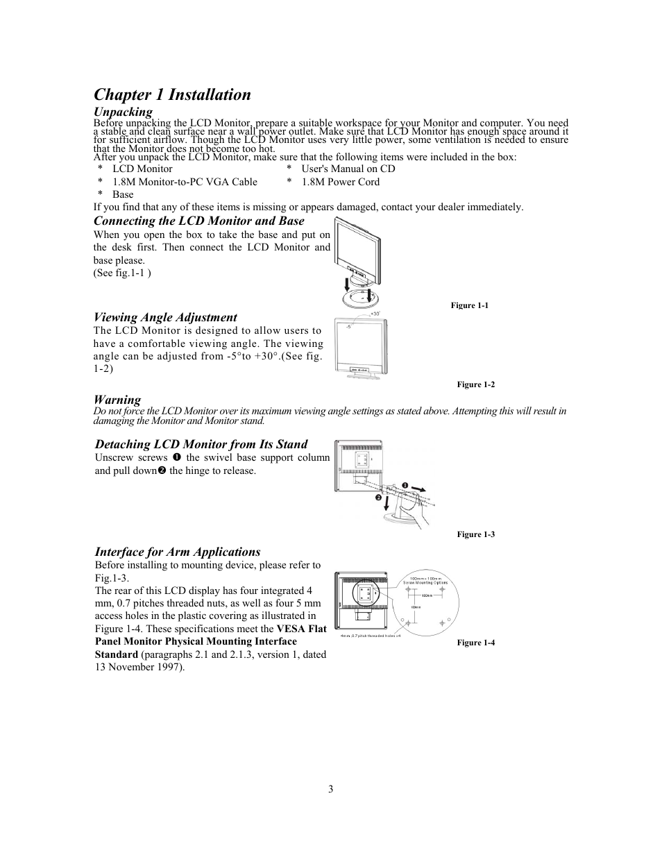 Chapter 1 installation, Unpacking, Connecting the lcd monitor and base | Figure 1-1, Viewing angle adjustment, Figure 1-2, Warning, Detaching lcd monitor from its stand, Figure 1-3, Interface for arm applications | Planar PE170 User Manual | Page 4 / 12