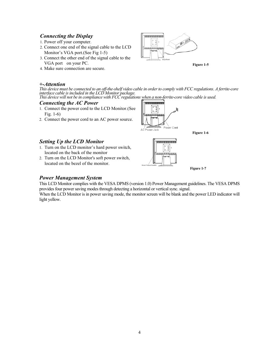 Connecting the display, Figure 1-5, Attention | Connecting the ac power, Setting up the lcd monitor, Power management system | Planar PE170 User Manual | Page 5 / 12