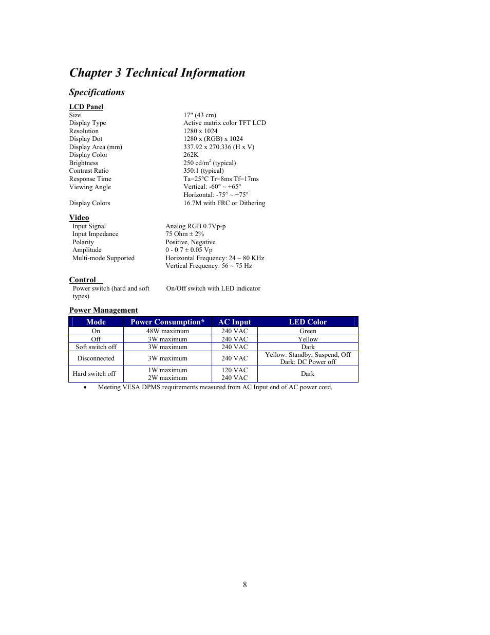 Chapter 3 technical information, Specifications, Video | Control, Power management | Planar PE170 User Manual | Page 9 / 12