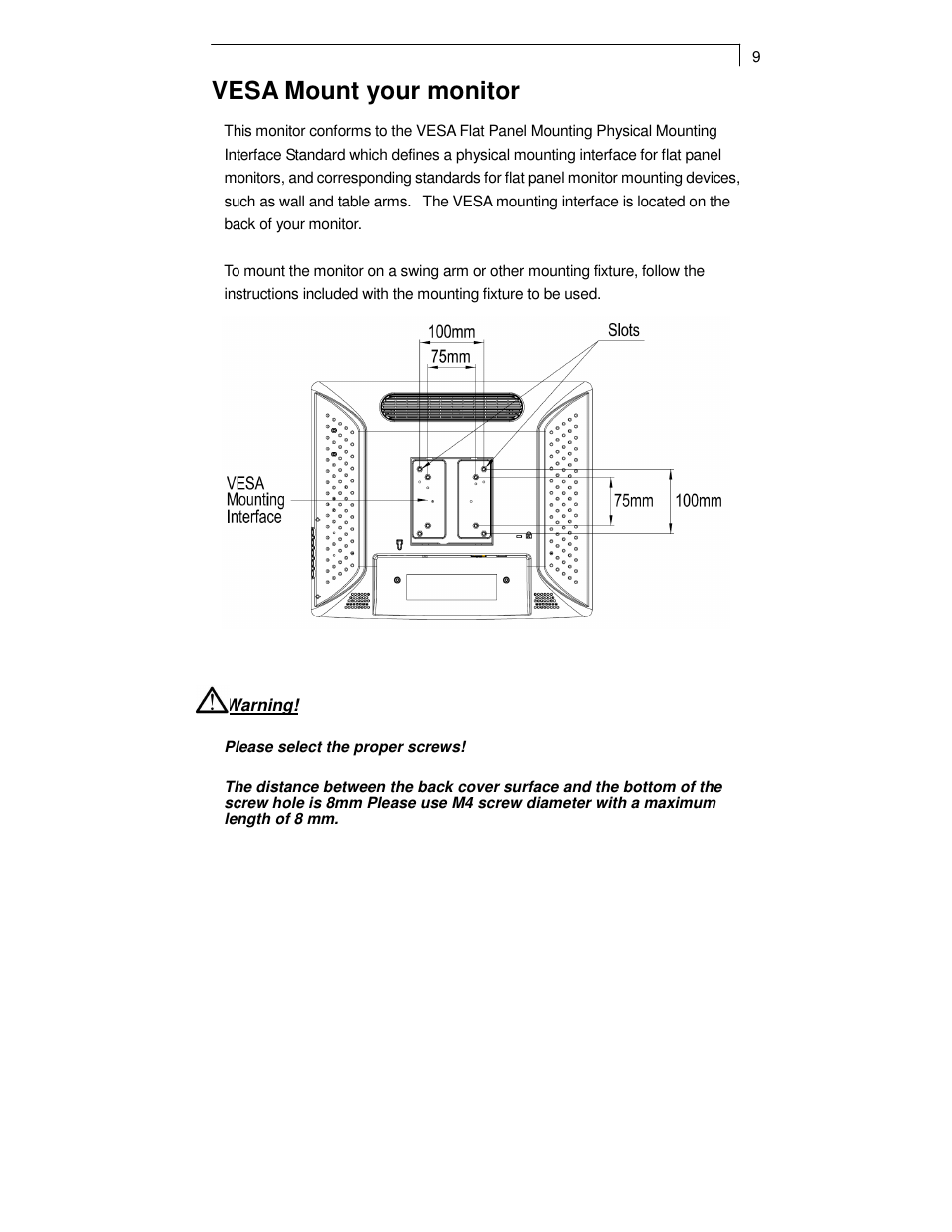 Vesa mount your monitor | Planar TOUCH SCREEN LCD MONITORS PT1700MX User Manual | Page 11 / 28