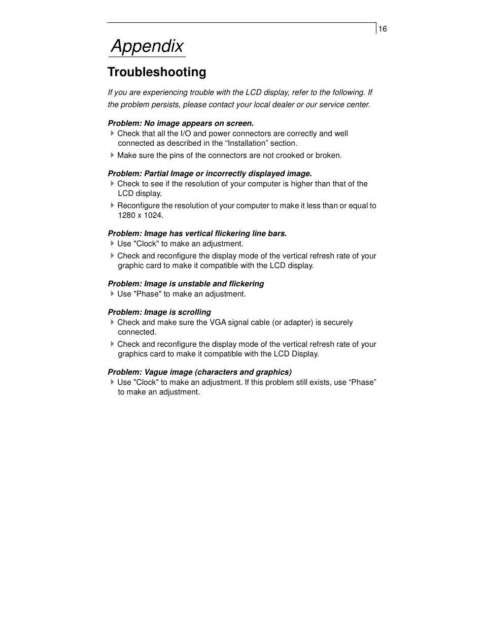 Appendix, Troubleshooting | Planar TOUCH SCREEN LCD MONITORS PT1700MX User Manual | Page 18 / 28