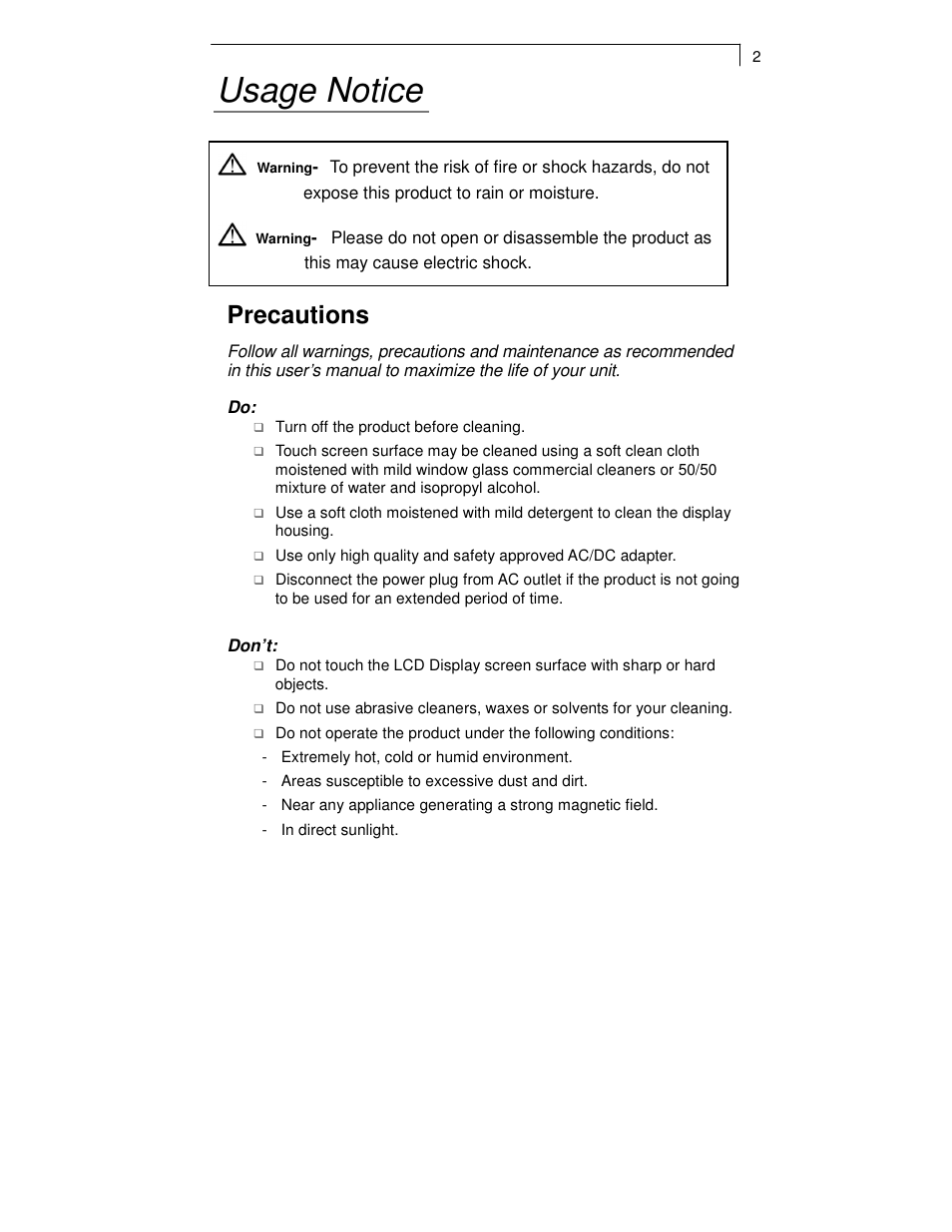Usage notice, Precautions | Planar TOUCH SCREEN LCD MONITORS PT1700MX User Manual | Page 4 / 28