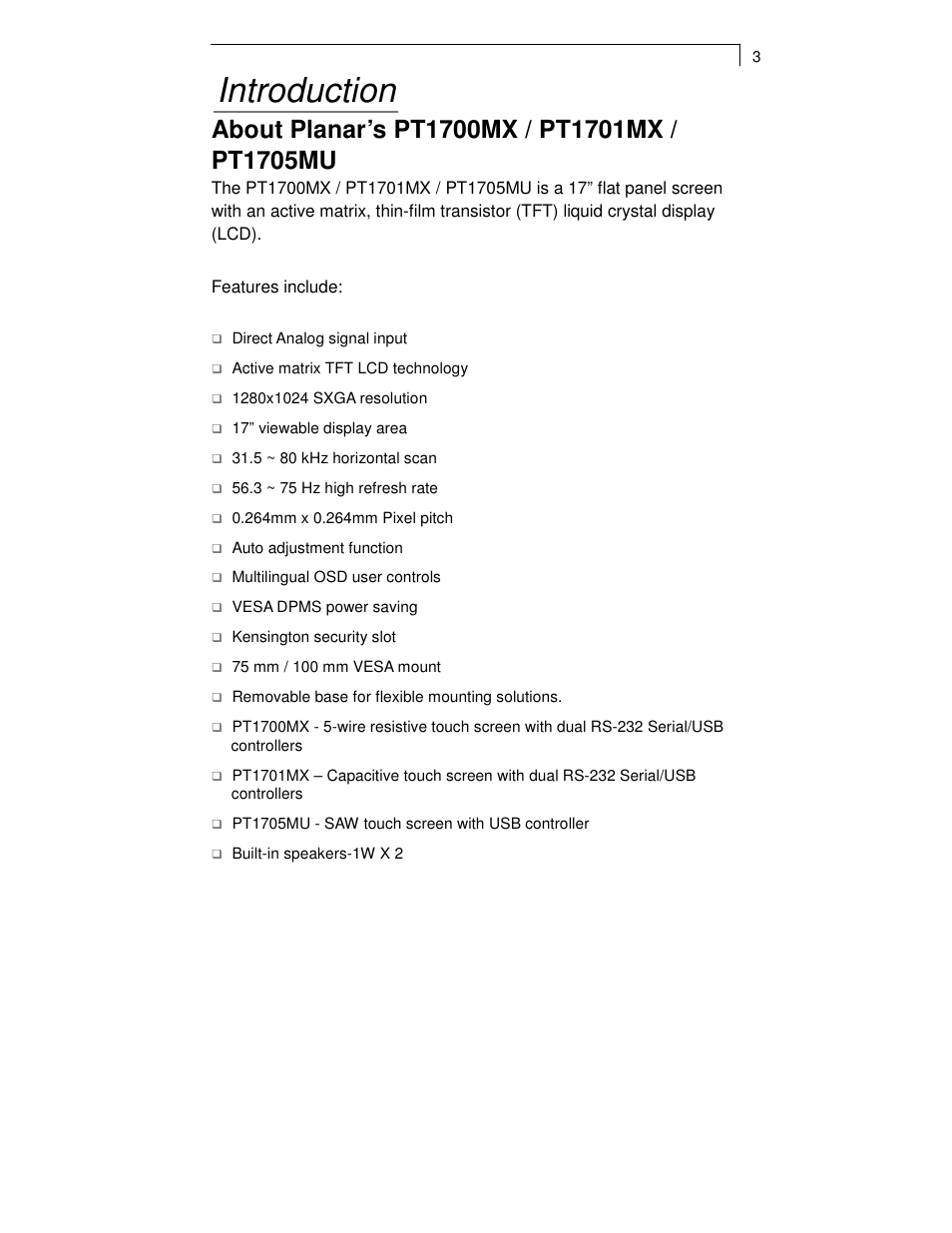 Introduction | Planar TOUCH SCREEN LCD MONITORS PT1700MX User Manual | Page 5 / 28