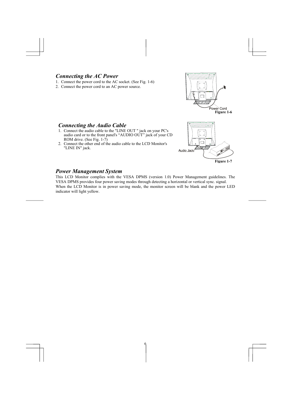 Connecting the ac power, Connecting the audio cable, Power management system | Planar PL1910M User Manual | Page 8 / 16