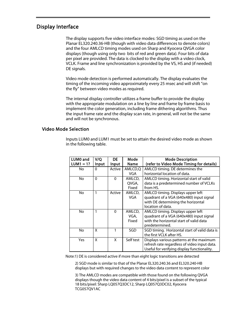 Display interface, Video mode selection | Planar EL320.240-FA3 User Manual | Page 11 / 25