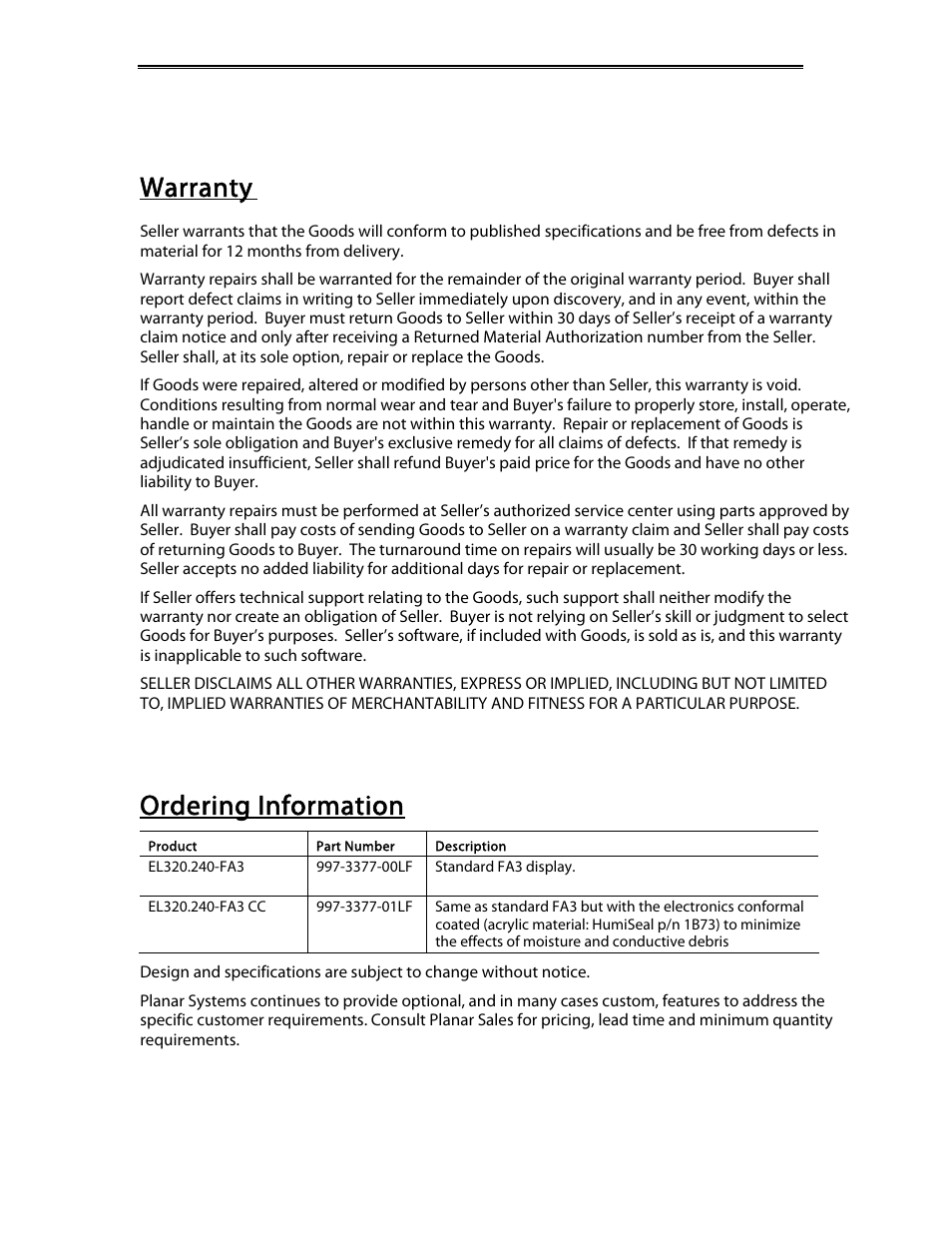 Warranty, Ordering information | Planar EL320.240-FA3 User Manual | Page 24 / 25