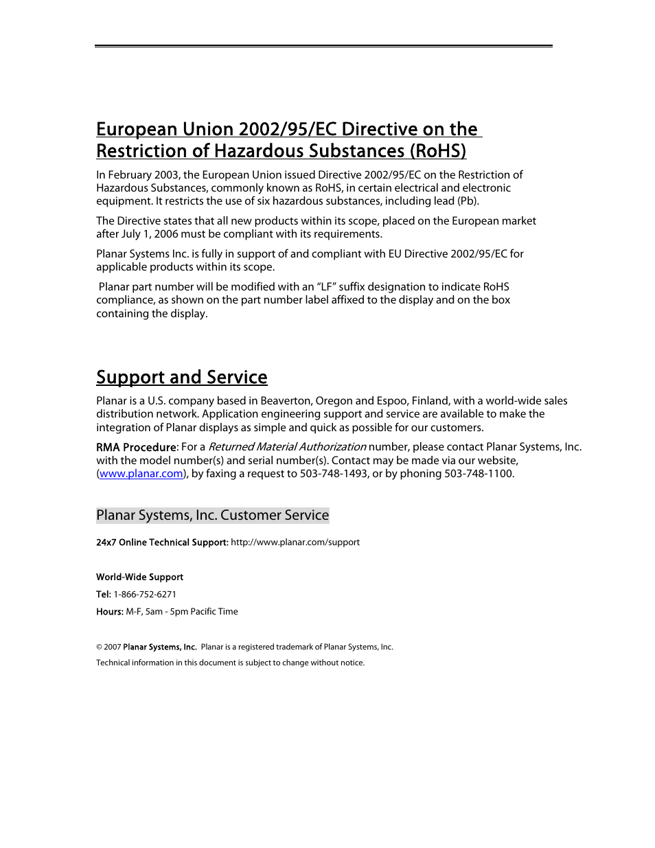 Support and service, Planar systems, inc. customer service | Planar EL320.240-FA3 User Manual | Page 25 / 25