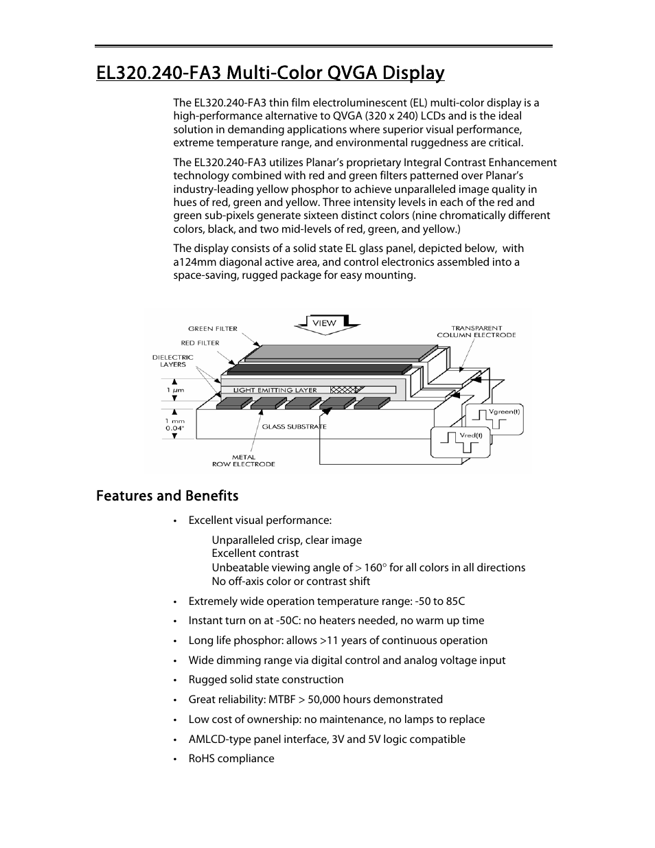 El320.240-fa3 multi-color qvga display, Features and benefits | Planar EL320.240-FA3 User Manual | Page 4 / 25