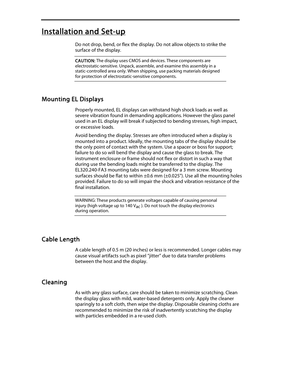 Installation and set-up, Mounting el displays, Cable length | Cleaning | Planar EL320.240-FA3 User Manual | Page 5 / 25