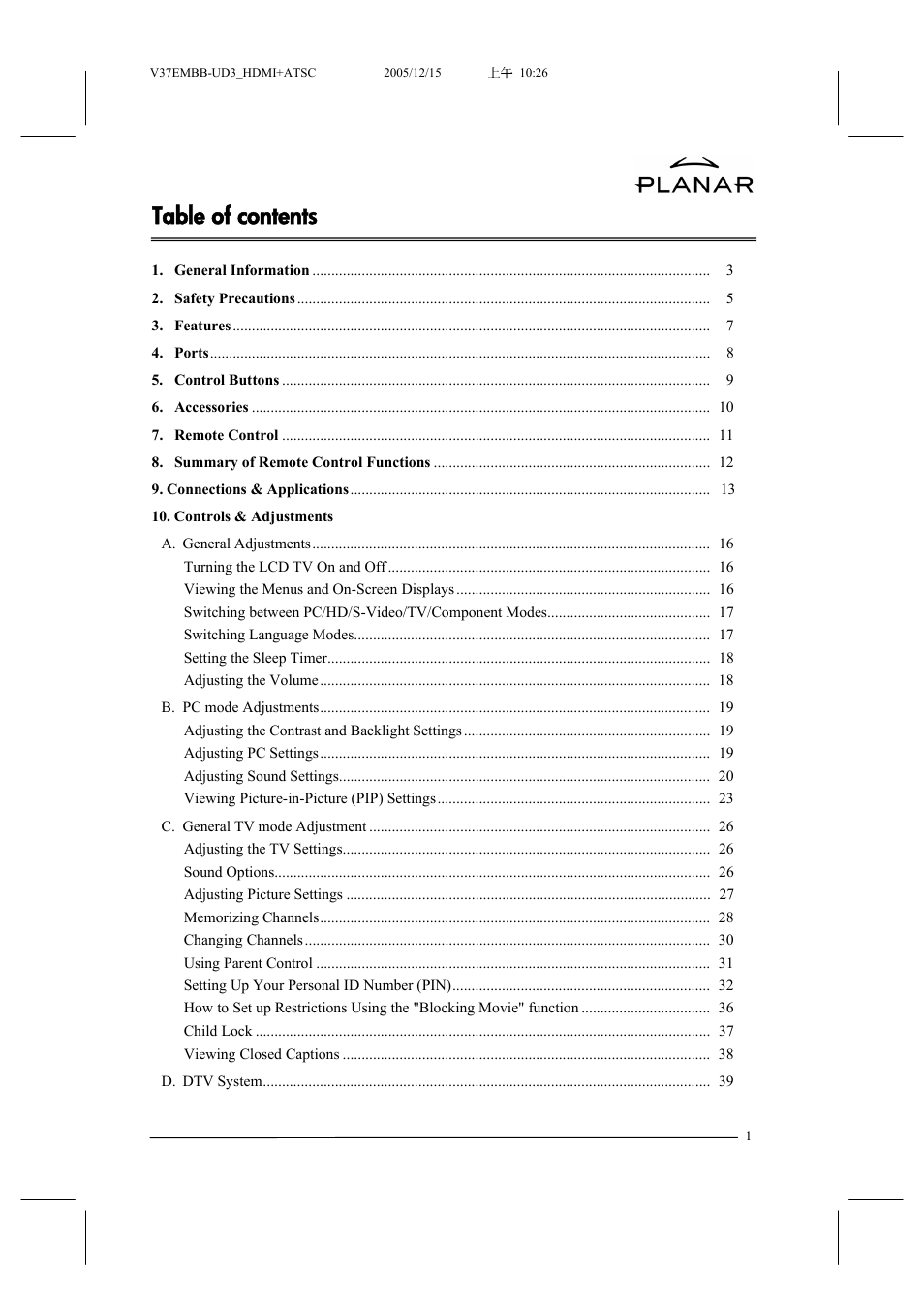 Planar XP37W User Manual | Page 2 / 70