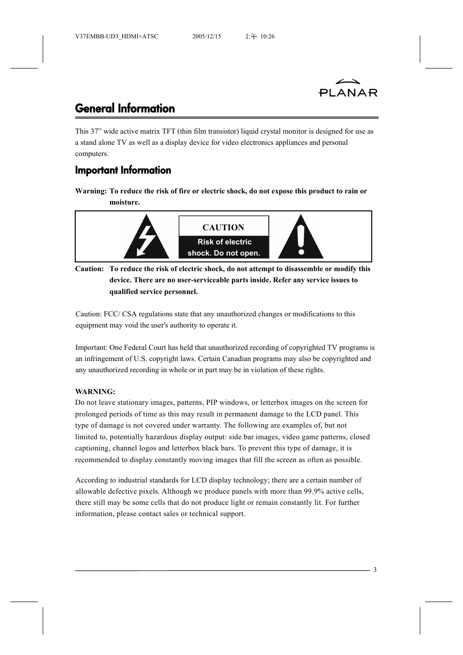 General information, Important information | Planar XP37W User Manual | Page 4 / 70