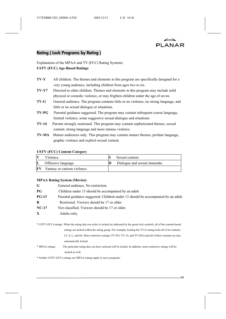 Rating ( lock programs by rating ) | Planar XP37W User Manual | Page 50 / 70