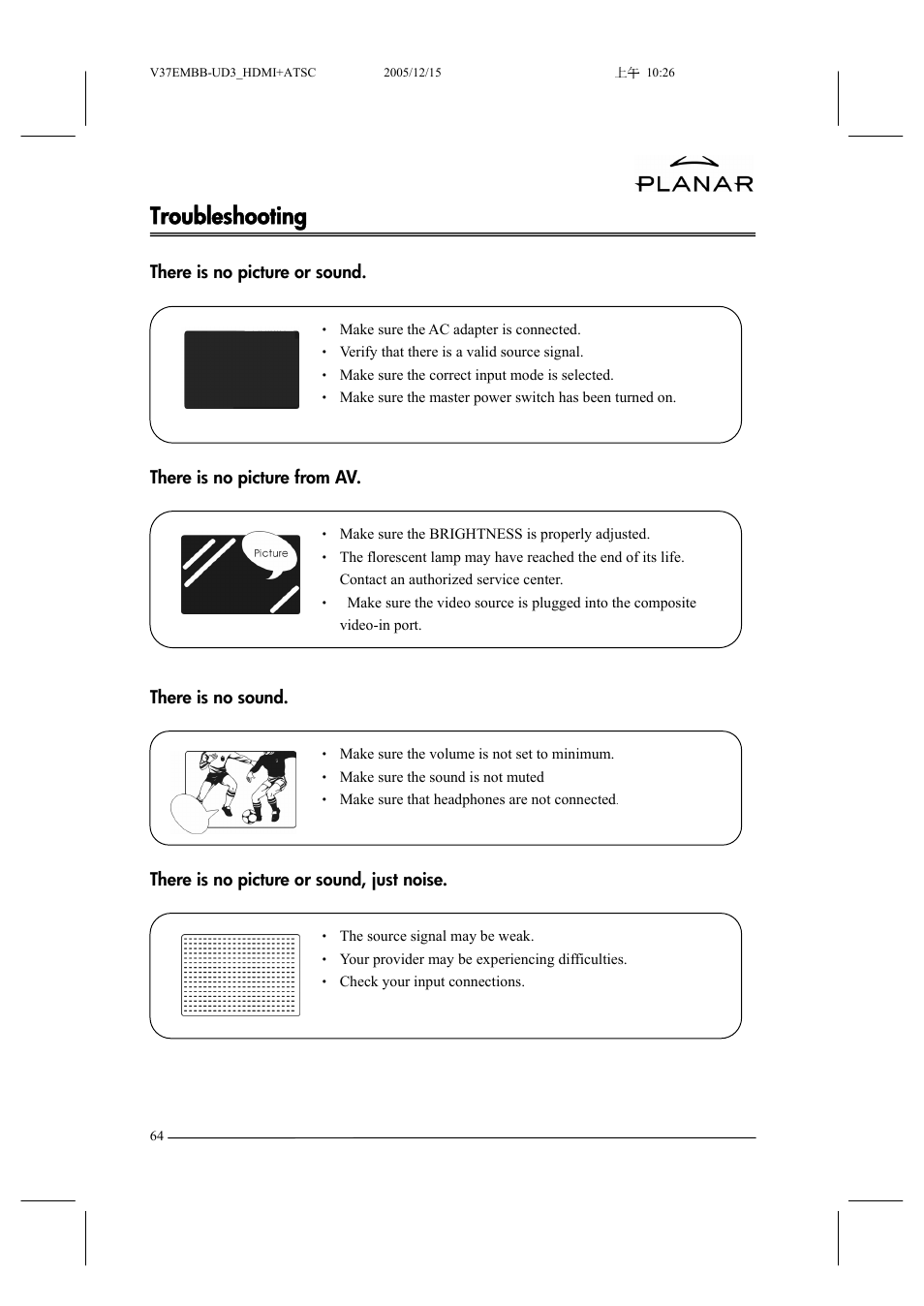 Troubleshooting | Planar XP37W User Manual | Page 65 / 70