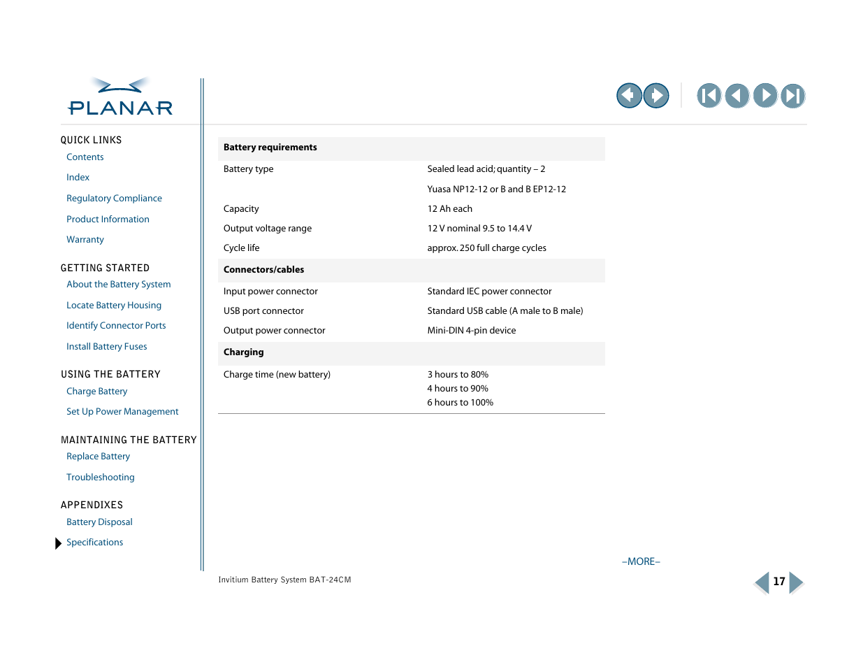Battery charging, More | Planar BAT-24CM User Manual | Page 22 / 32