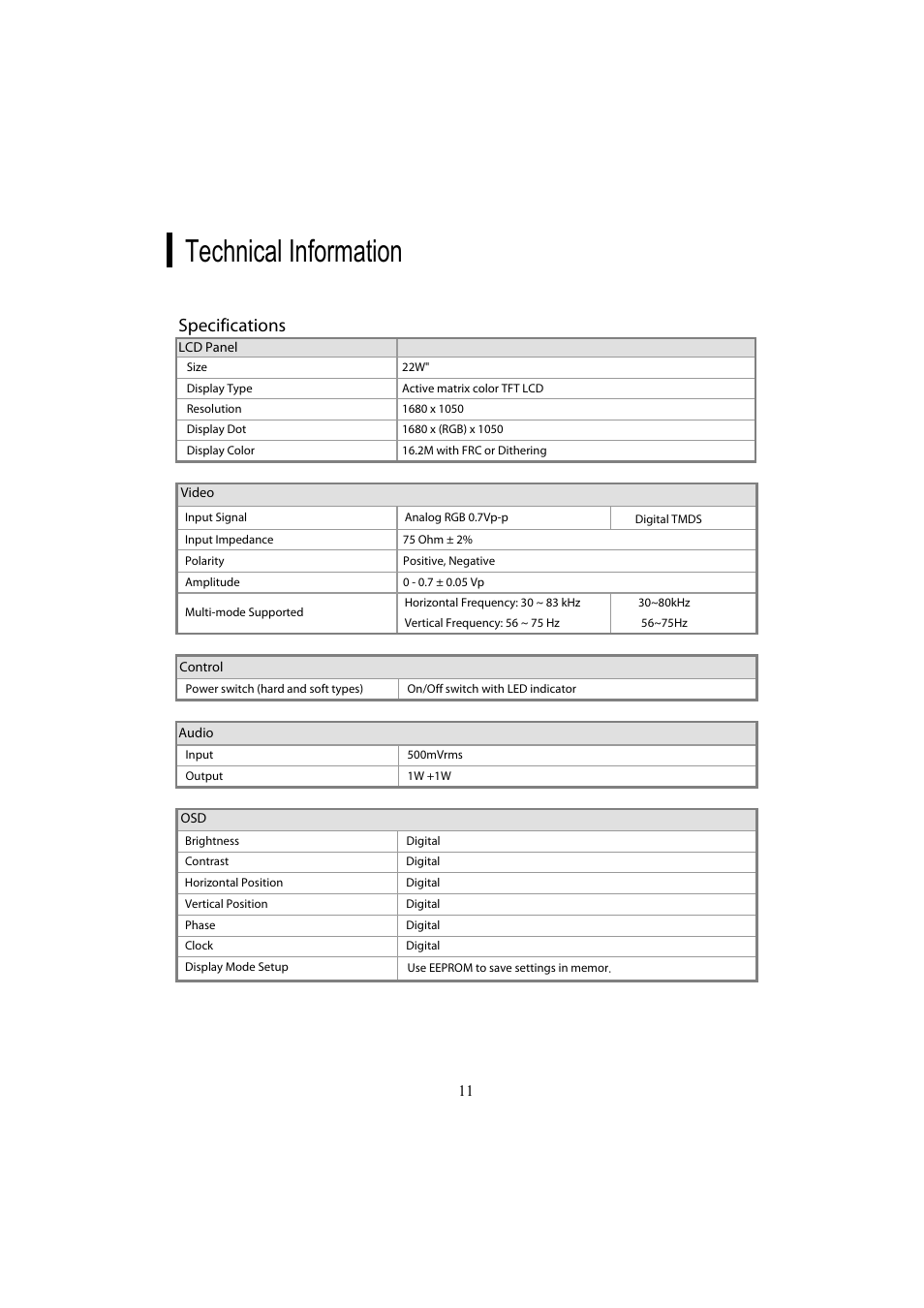 Technical information, Specifications | Planar PL2210MW User Manual | Page 12 / 18