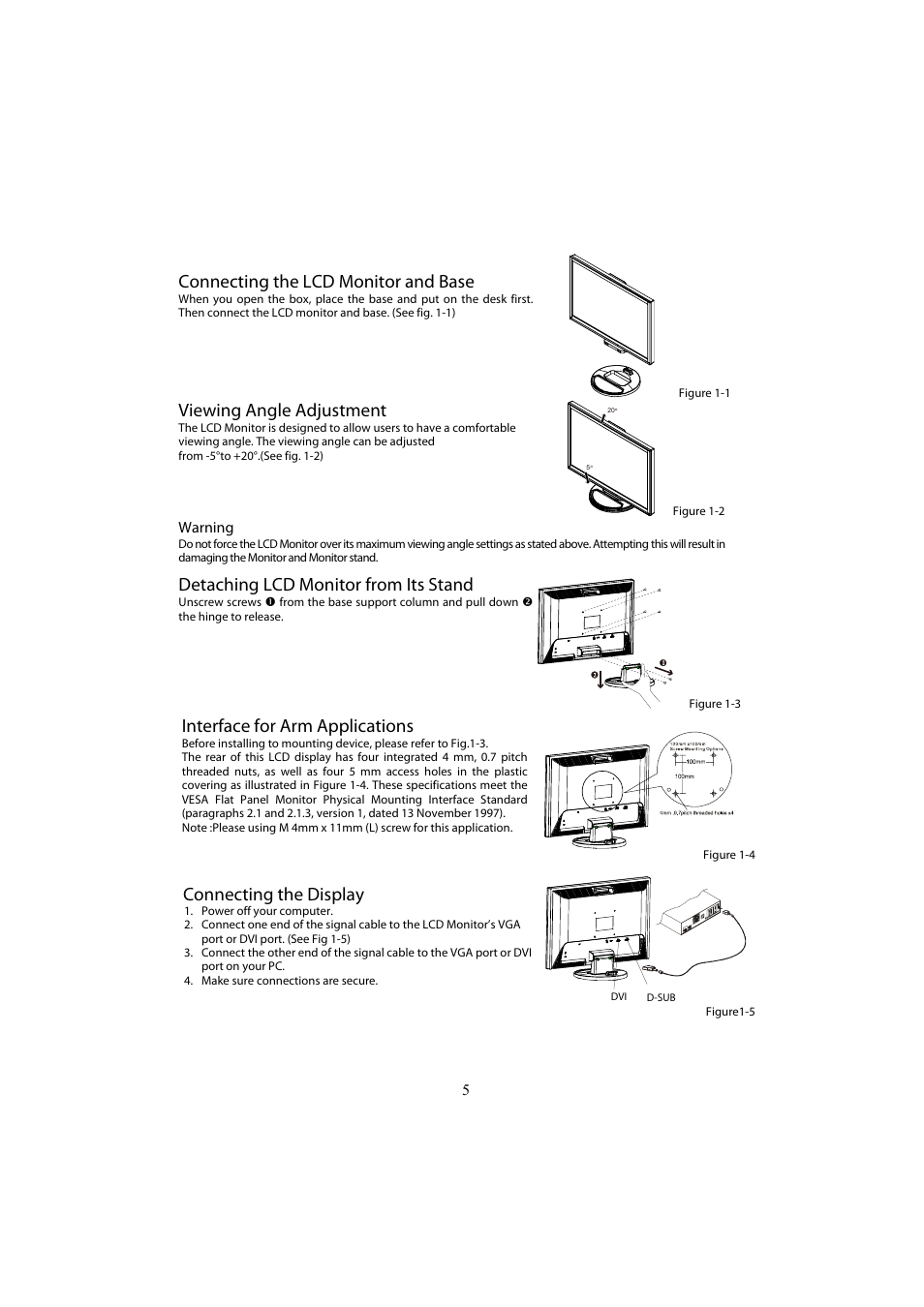 Connecting the lcd monitor and base, Viewing angle adjustment, Detaching lcd monitor from its stand | Interface for arm applications, Connecting the display | Planar PL2210MW User Manual | Page 6 / 18