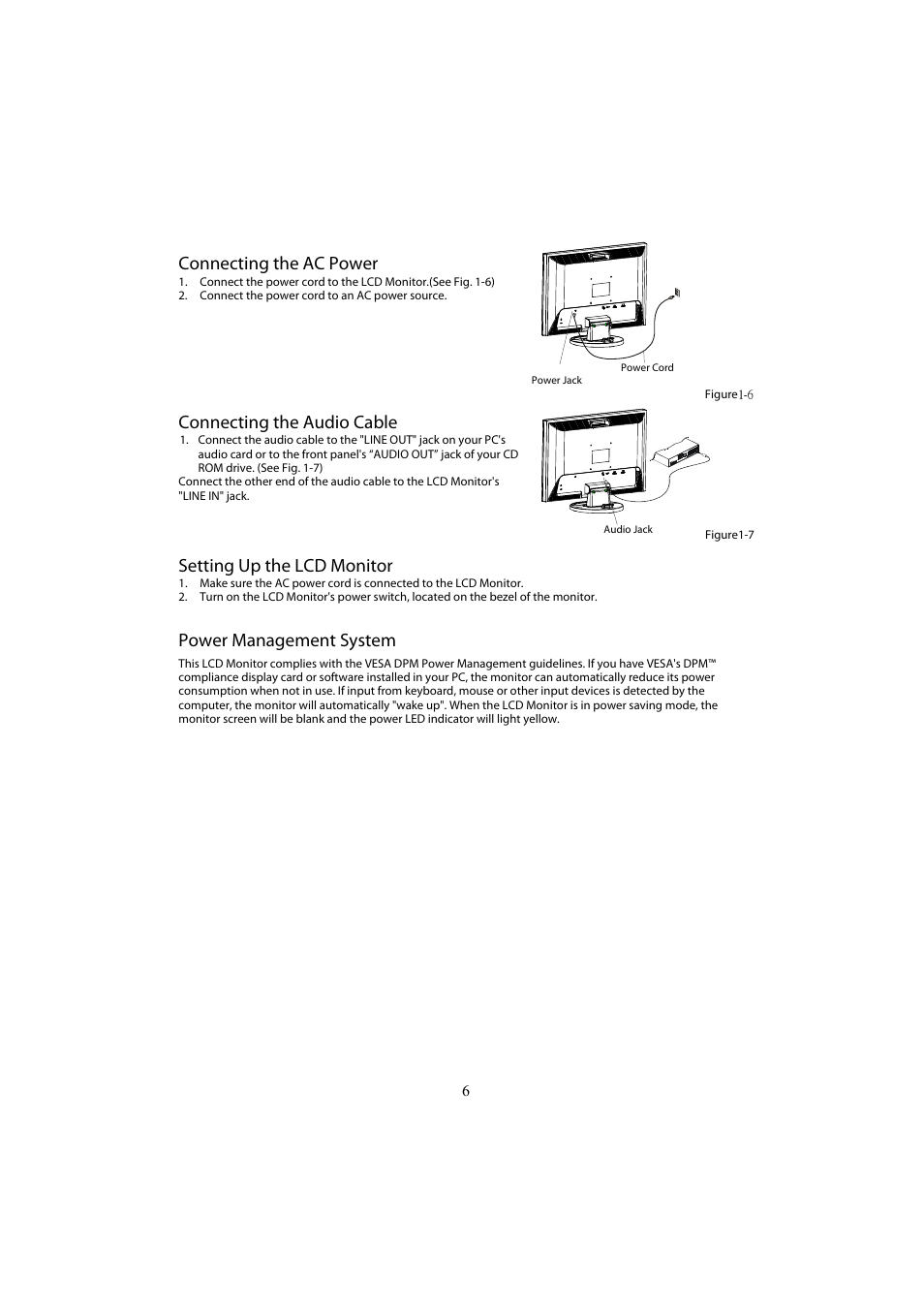 Connecting the ac power, Connecting the audio cable, Setting up the lcd monitor | Power management system | Planar PL2210MW User Manual | Page 7 / 18
