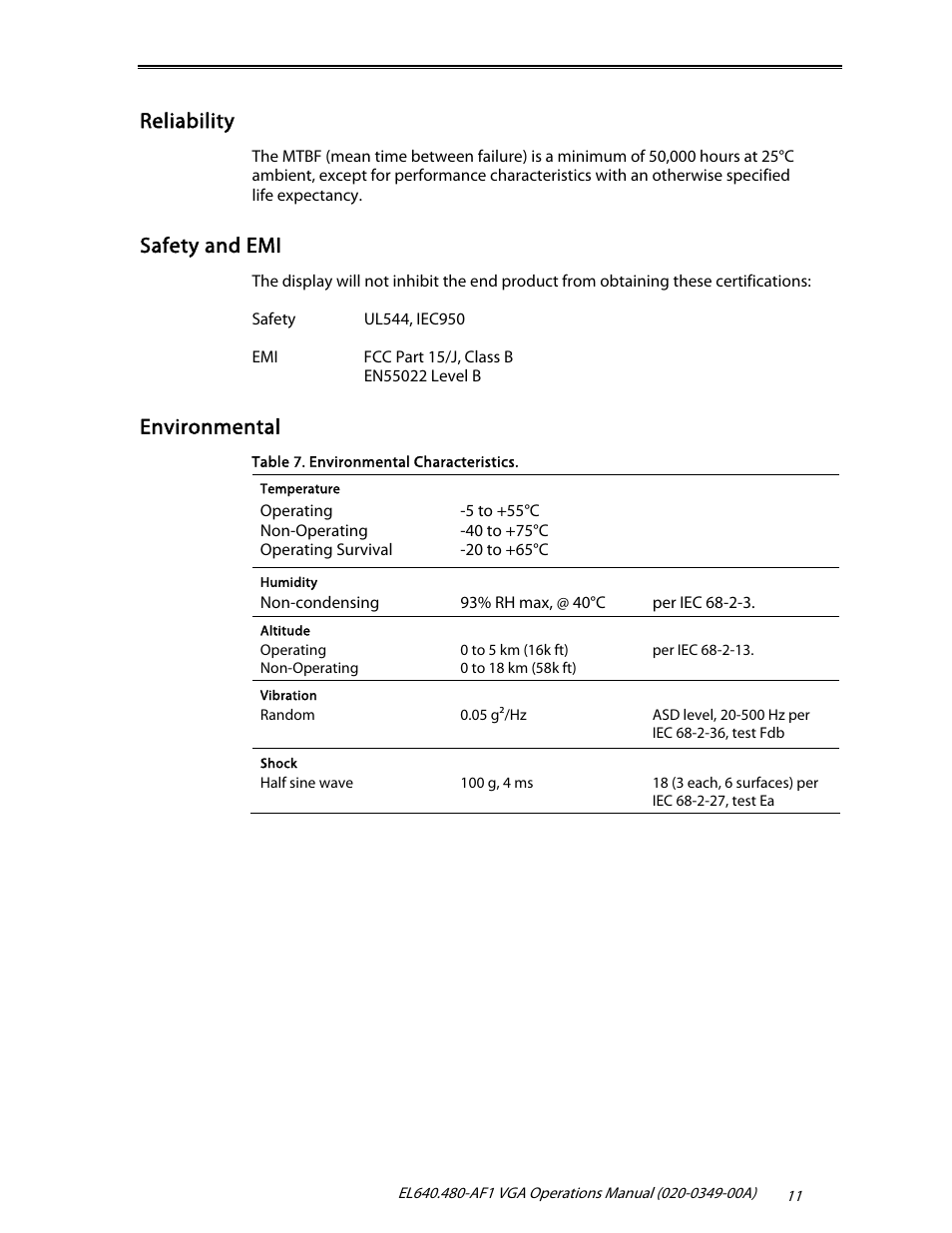 Reliability, Safety and emi, Environmental | Planar EL640.480-AF1 User Manual | Page 13 / 17