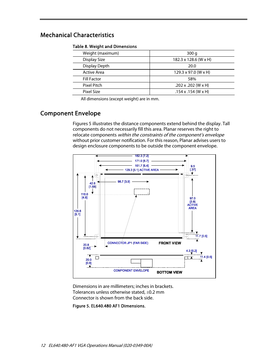 Mechanical characteristics, Component envelope | Planar EL640.480-AF1 User Manual | Page 14 / 17