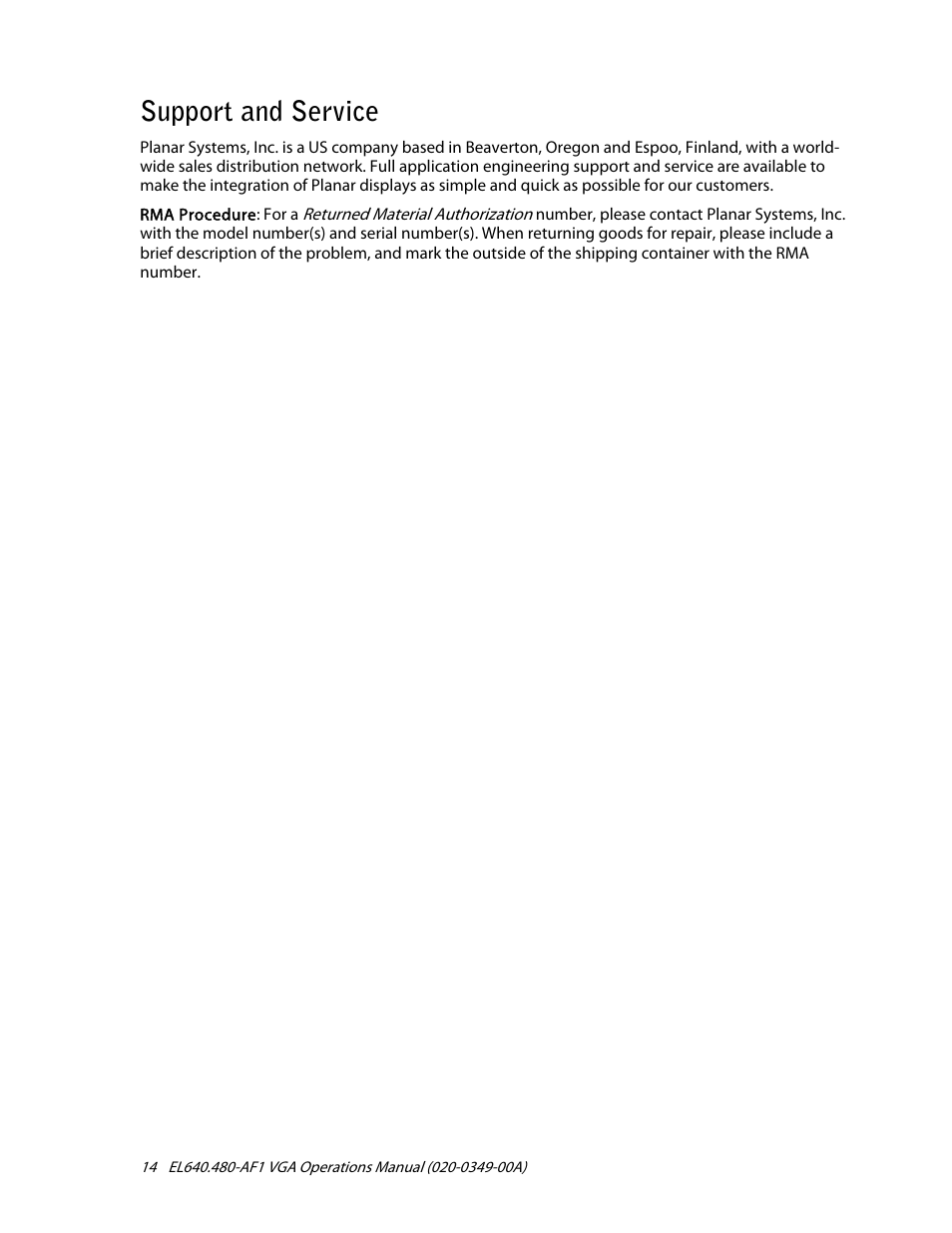 Support and service | Planar EL640.480-AF1 User Manual | Page 16 / 17