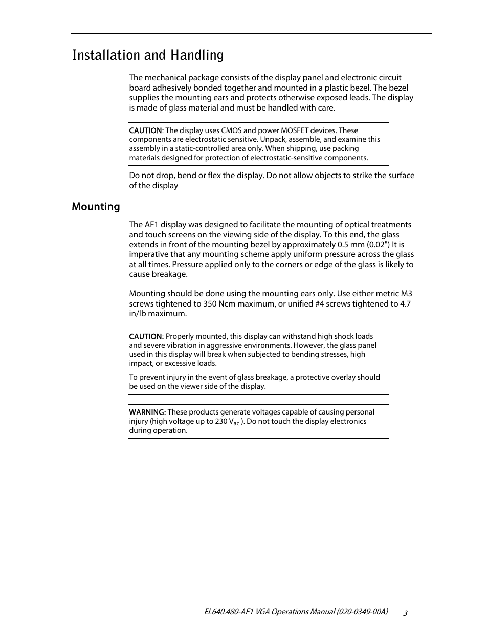 Installation and handling, Mounting | Planar EL640.480-AF1 User Manual | Page 5 / 17