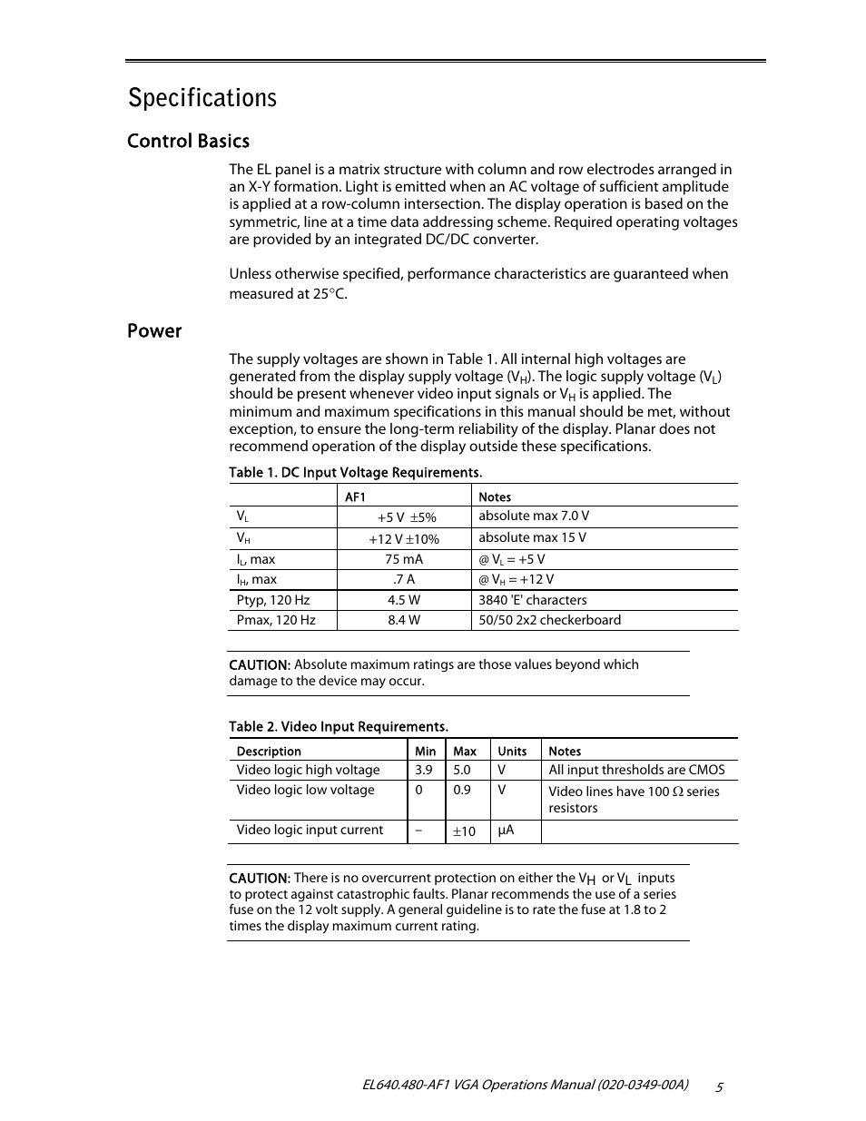 Specifications, Control basics, Power | Planar EL640.480-AF1 User Manual | Page 7 / 17