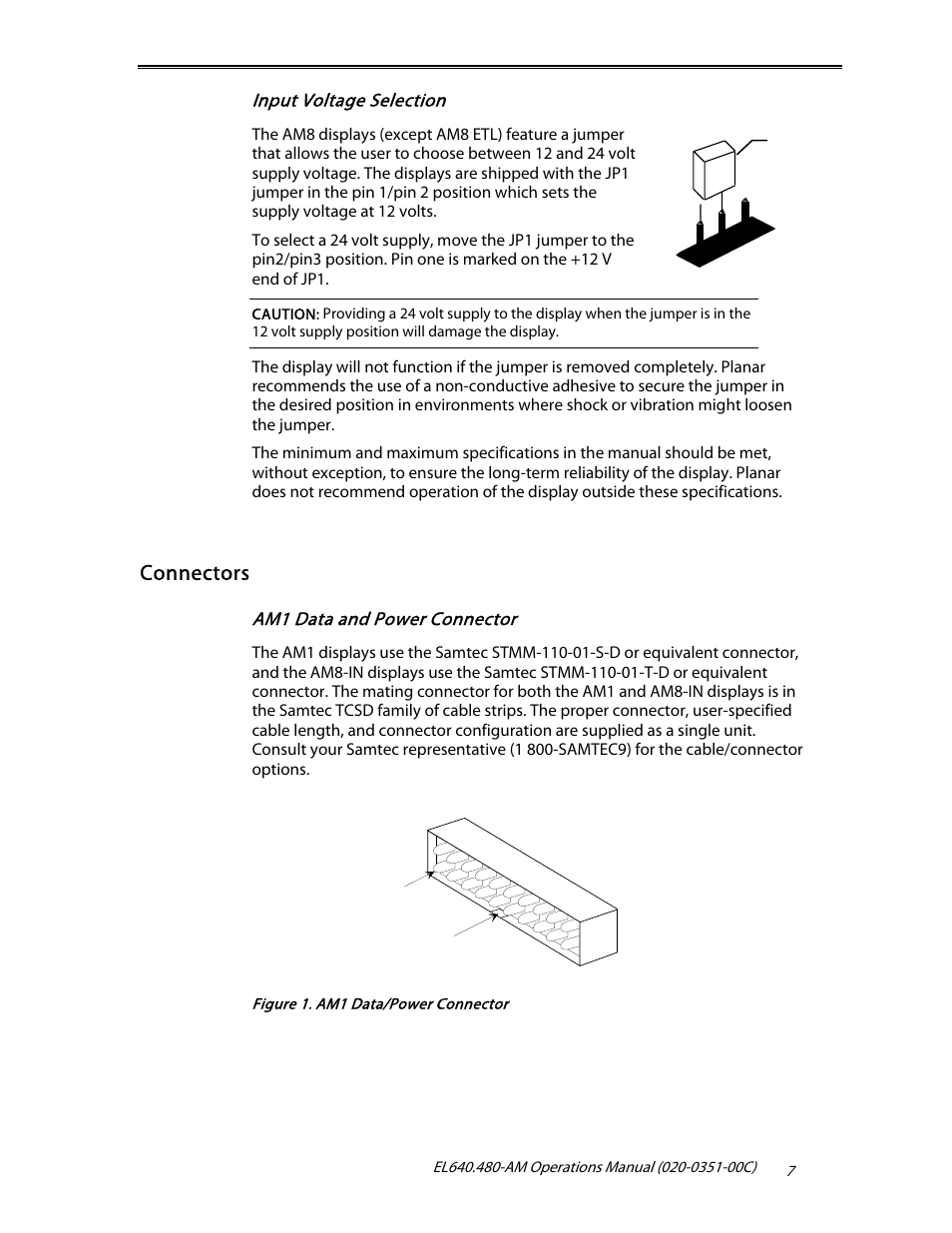 Connectors, Input voltage selection, Am1 data and power connector | Planar ICEBrite EL VGA Displays EL640.480-AM User Manual | Page 9 / 21